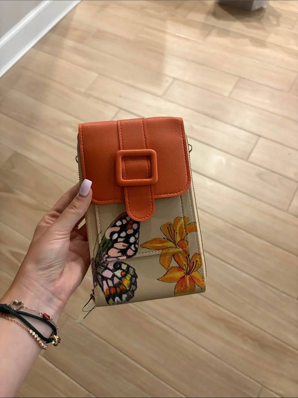 Beige Crossbody Phone Bag with Orange Flap and Butterfly Floral Print